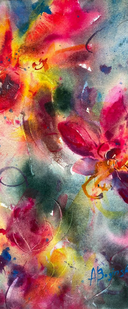 Orange and pink flowers - floral watercolor by Anna Boginskaia