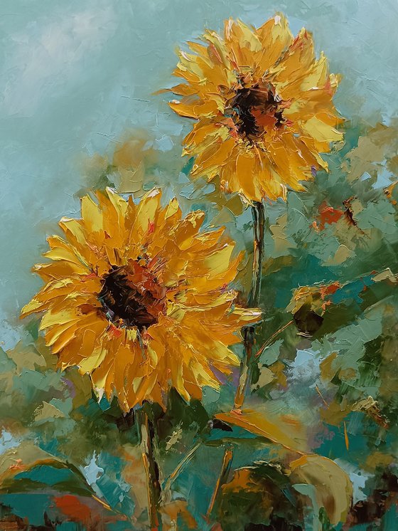 Sunflowers in field. Palette knife art