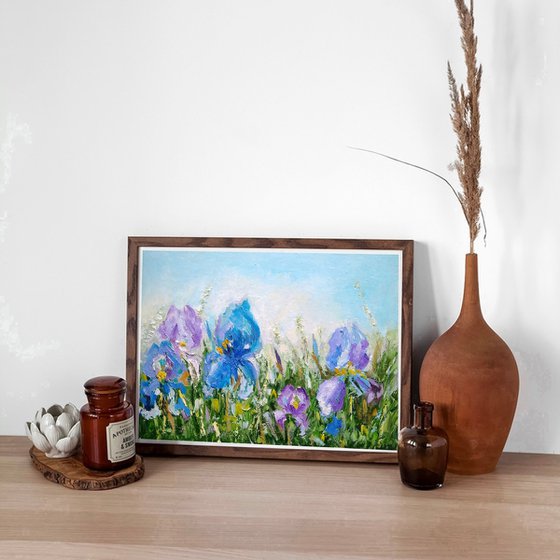 Iris Painting Floral Original Art Meadow Artwork Flower Wall Art