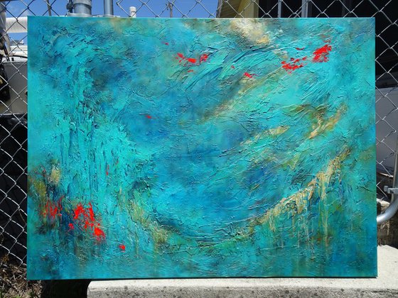 Blue Abstract Seascape Textured Painting Navy, Teal, Red, Silver, Gold. Modern Art with Heavy Texture. Abstract Landscape Contemporary Artwork for Livingroom or Bedroom