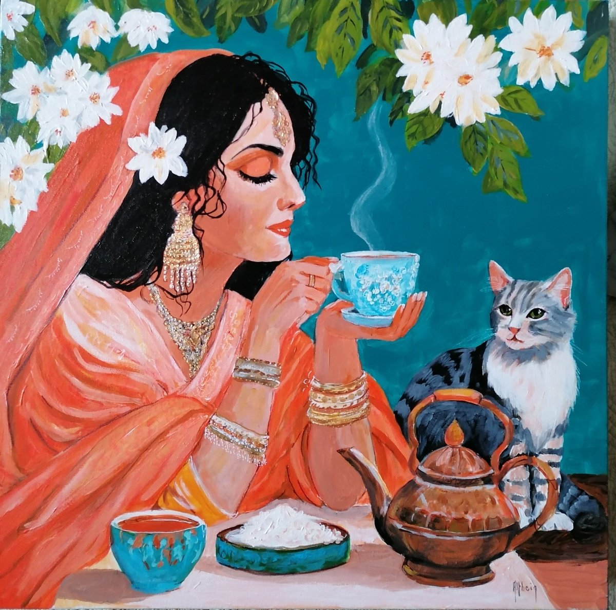 Impressionistic Portrait Acrylic Painting By Martine Vinsot, 20 X 20", Jasmine Tea, Original Artwork