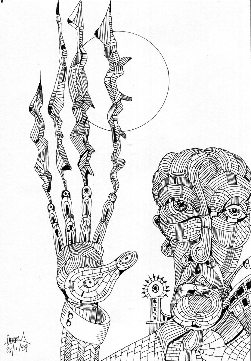 Surrealistic Portrait Ink Drawing By Spencer John Derry, 8 X 12", Scratching The Air, Original Artwork
