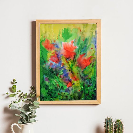 Abstract flowers watercolor painting, red poppies wall art, abstract original painting