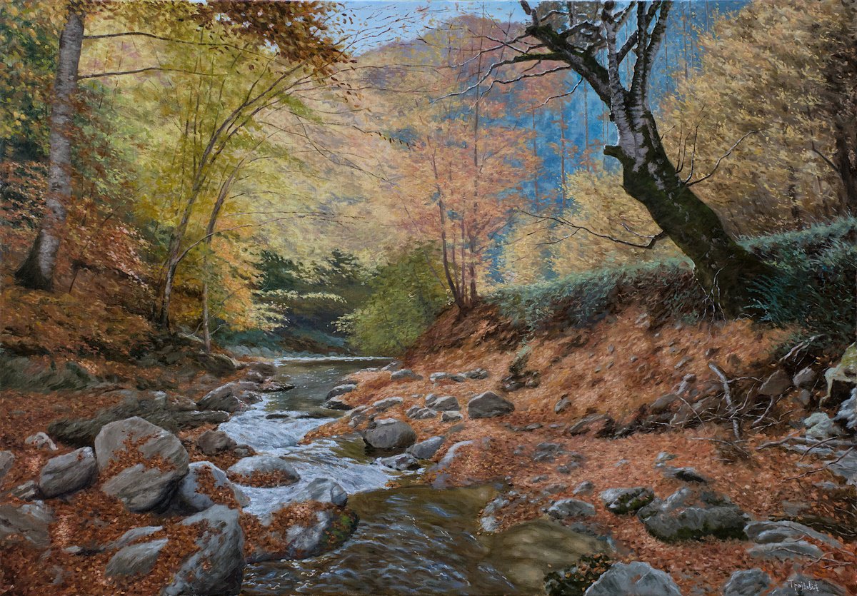 Impressionistic Landscape Oil Painting By Dejan Trajkovic, 39 X 28, A Wooded River, Original Artwork