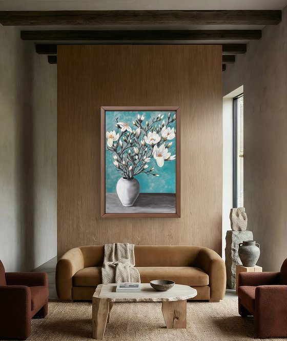 Big size White magnolia in vase