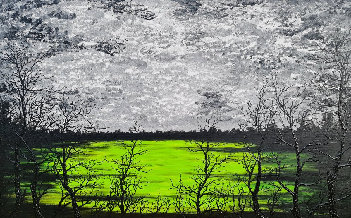 Impressionistic Landscape Acrylic Painting By Daniel Urbani?k, 31 X 20, Green Lake 6, Original Artwork