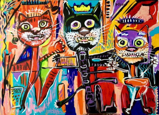 Cats bosom friends in style of famous painting by Jean-Michel Basquiat.