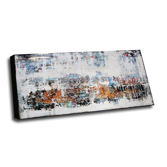 LONESOME TUNE - 63" x 19.7" - ABSTRACT PAINTING WITH STRUCTURES - WHITE GOLD BLUE