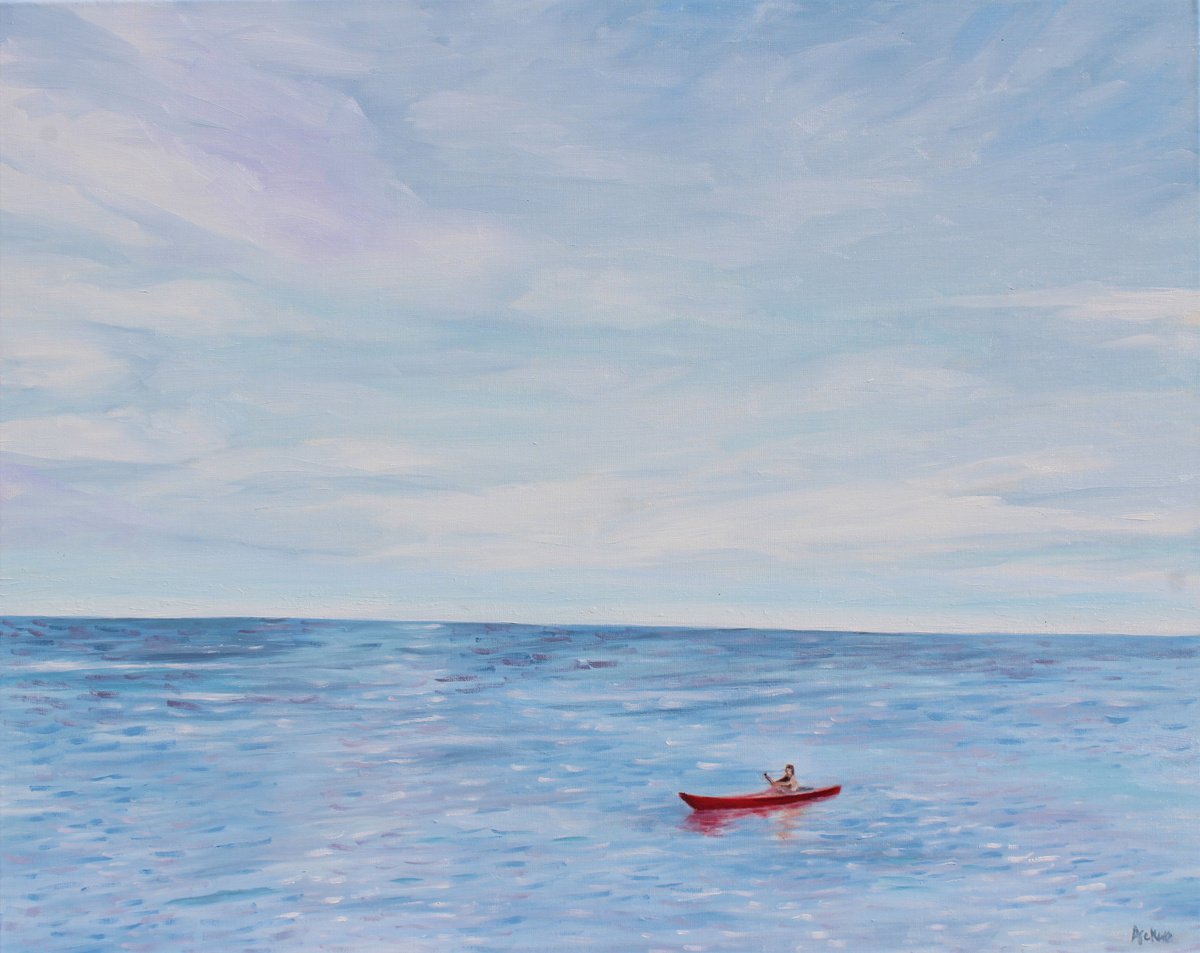 Impressionistic Landscape Oil Painting By Afekwo, 30 X 24, To The North - The Red Boat, Original Artwork