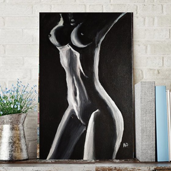 Nude girl, original small erotic oil painting, gift idea, bedroom art
