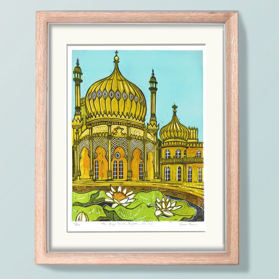 The Royal Pavilion, Brighton, with lilies. Large Limited Edition linocut No.2