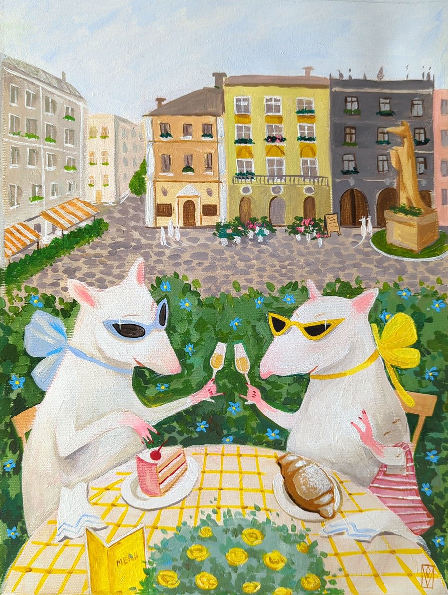 Illustrative Animal Acrylic Painting By Olha Vlasova, 12 X 16", Besties, Original Artwork