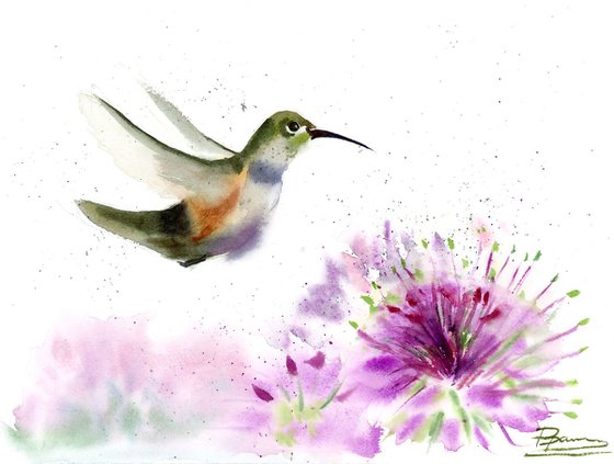 Flying Hummingbird with flower
