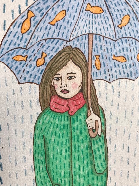 Umbrella & Cat - Mixed-media