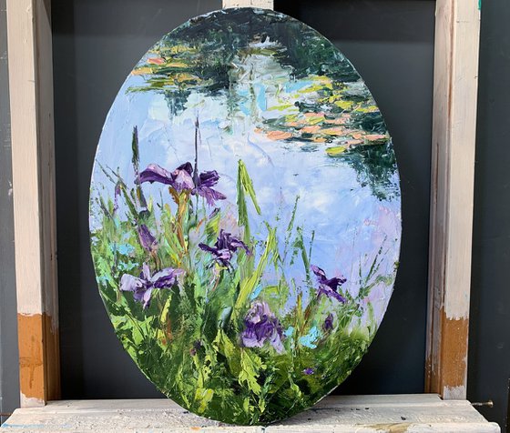 Water Lilly pond with violet flowers.