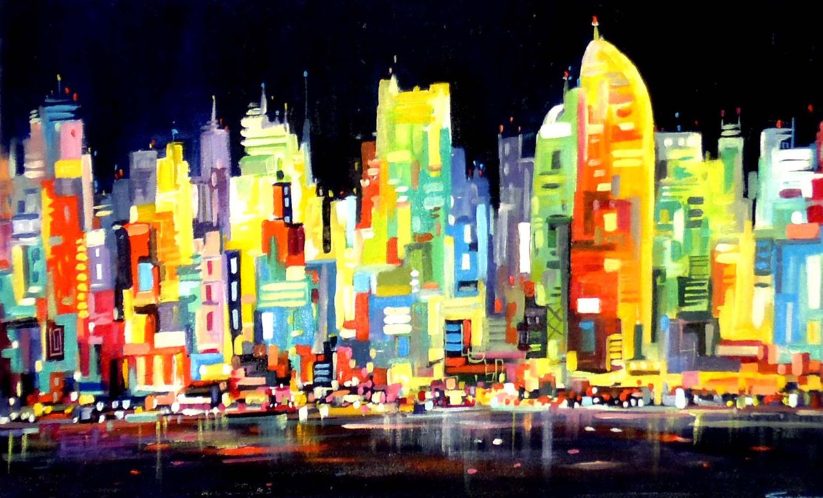 Abstract Cityscapes Acrylic Painting By Samiran Sarkar, 28 X 18", Night City, Original Artwork
