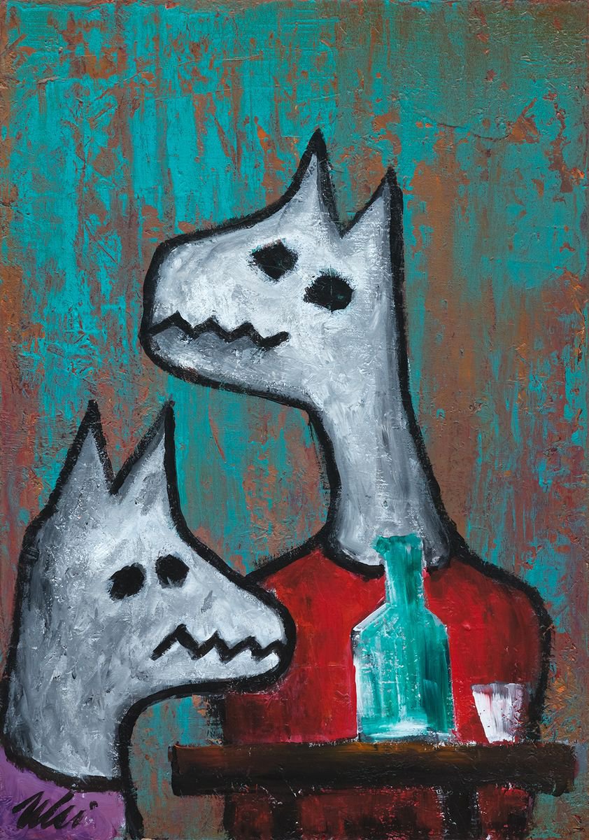 Naive Animal Acrylic Painting By Peter Zelei, 14 X 20", Pub, Original Artwork