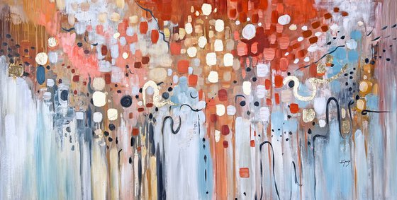 Happy Day - Abstract Painting 60" x 30" Large Abstract Gold Leaf Soft Colors White Gray Painting