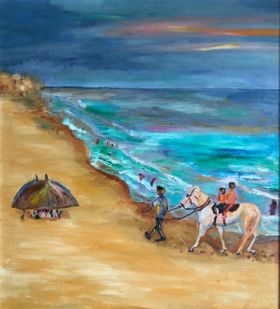 Puri beach 1, India, oil painting, Impressionistic, gift, ready to hang, small, framed