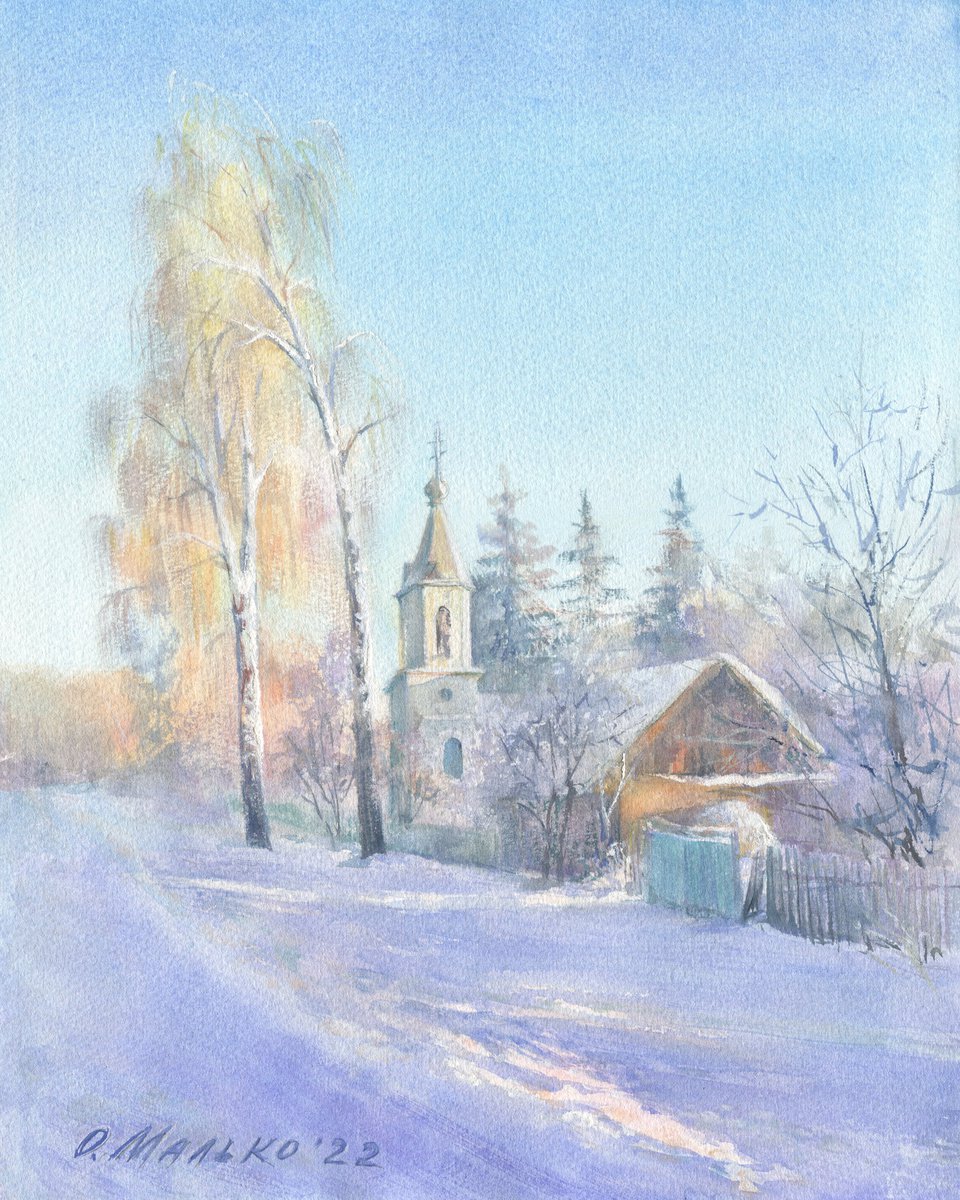 Frosty morning. Landscape with old barn and church / ORIGINAL watercolor 11x14in (28x36cm) by Olha Malko