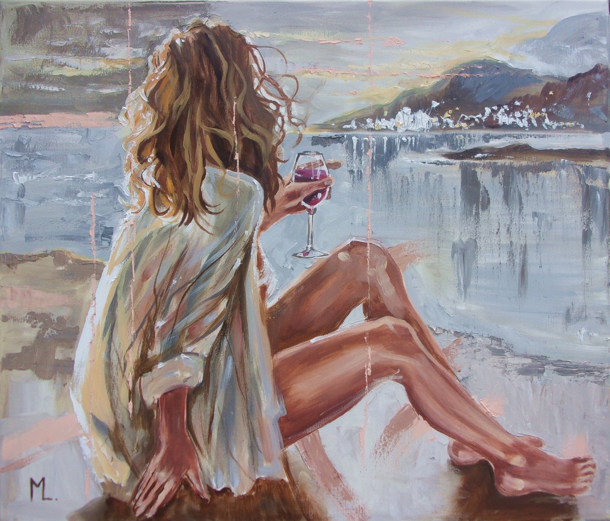 Expressive Portrait Oil Painting By Monika Luniak, 28 X 24", " My Italian Holiday On Evening Beach ", Original Artwork