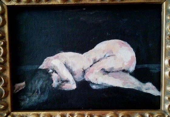Painted sketch of female nude lying down