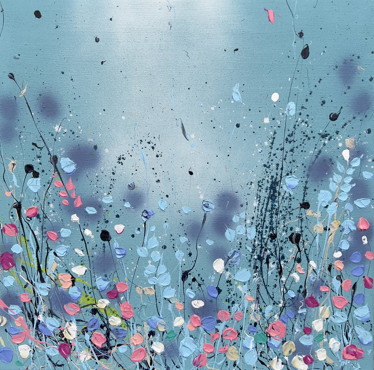 Square acrylic structure painting with flowers Blue Field, mixed media by Anastassia Skopp