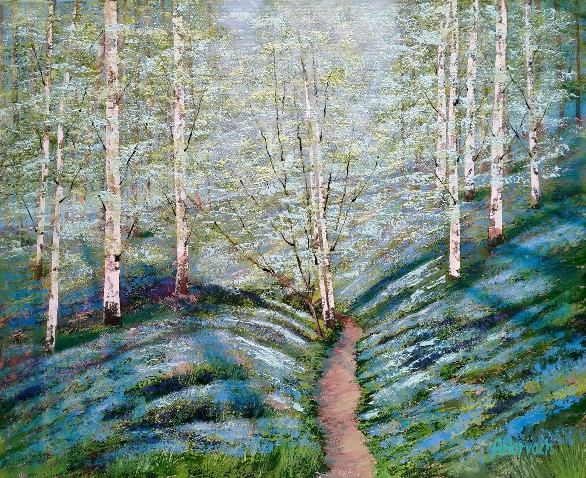 Impressionistic Landscape Acrylic Painting By Amanda Horvath, 30 X 24, Dappled Light, Woodland Path, Original Artwork
