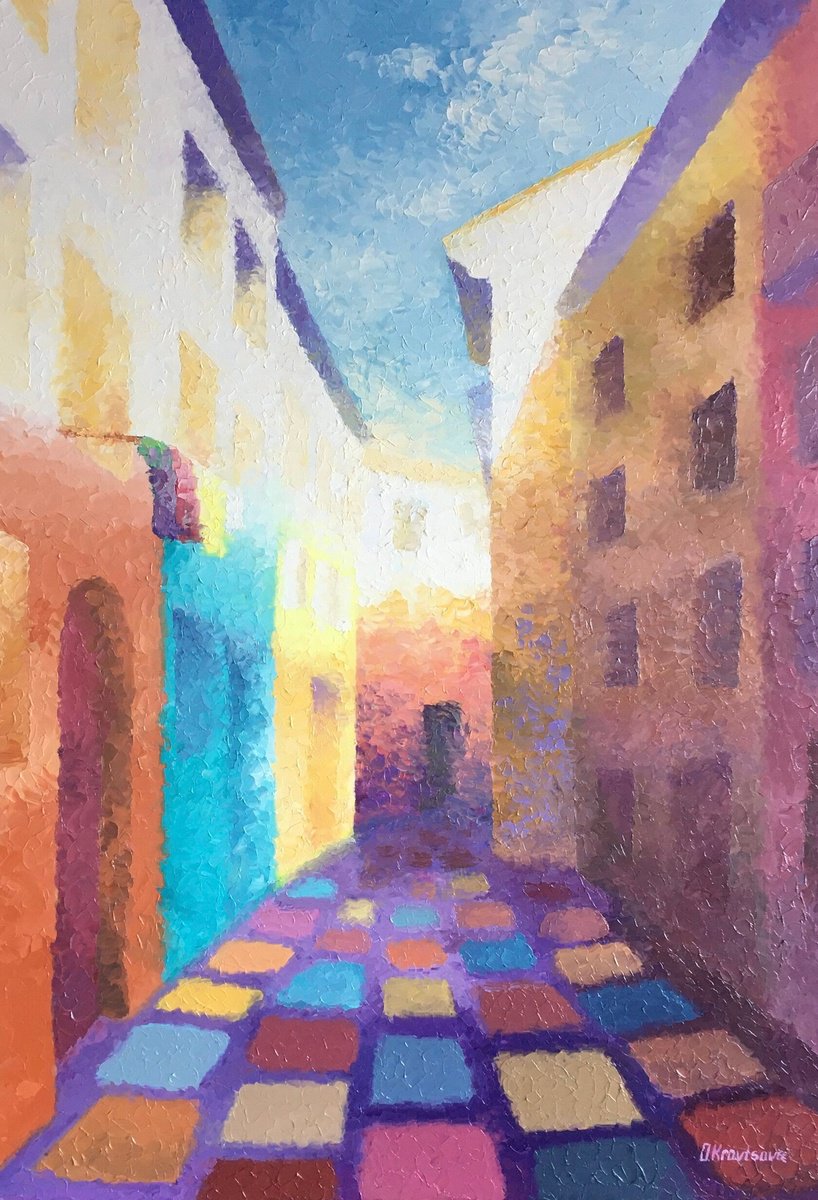 Urban And Pop Cityscapes Oil Painting By Oxypoint, 28 X 39", "Stroll Through...", Original Artwork