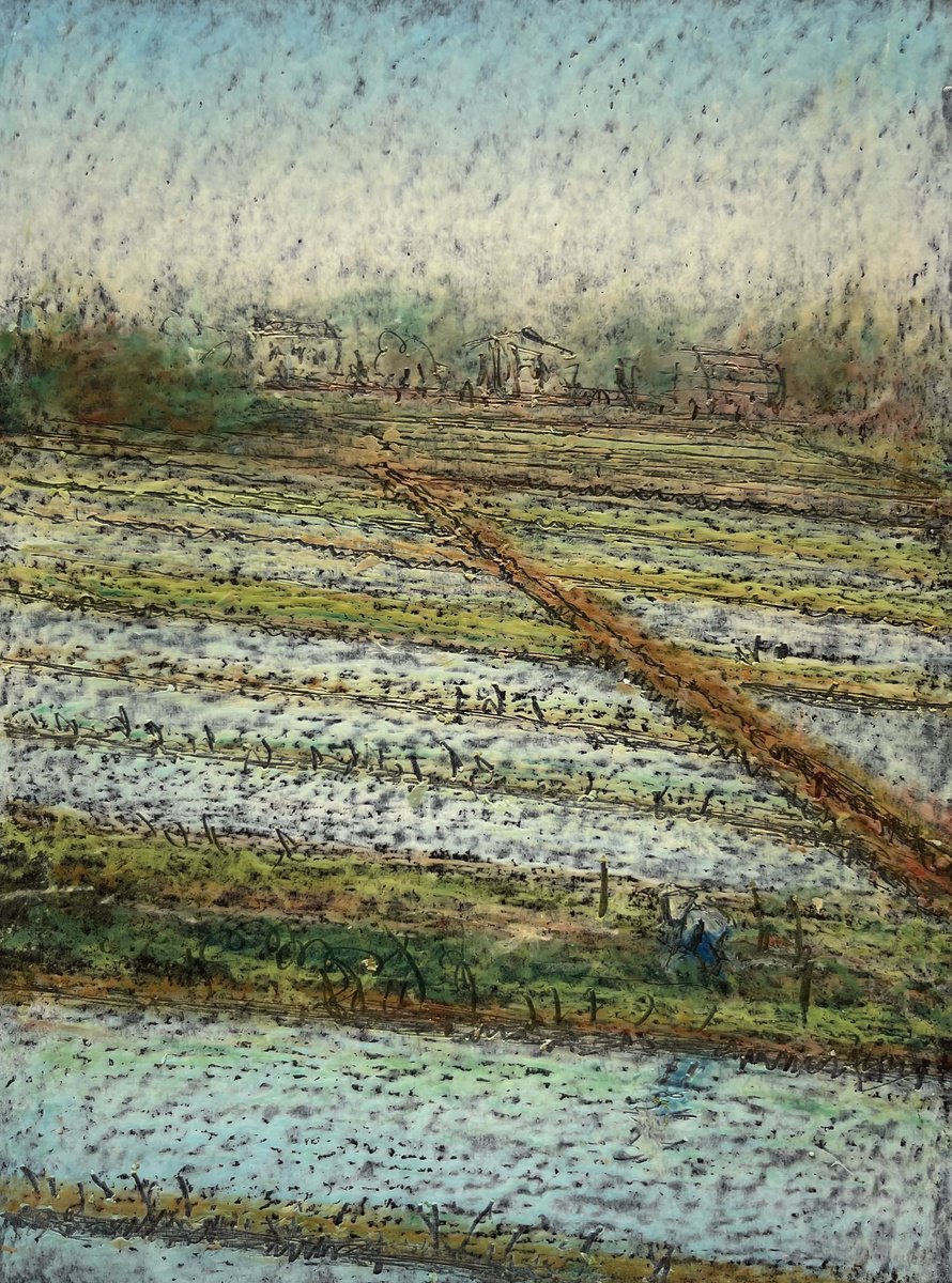 Impressionistic Landscape Pastel Drawing By David Lloyd, 6 X 8, Tending The Crops, Luodong, Original Artwork