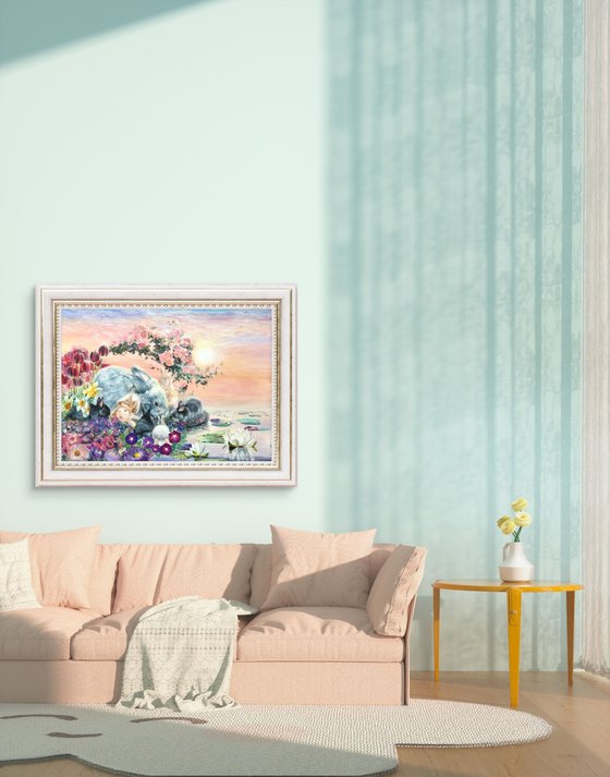 Floral garden with rabbits