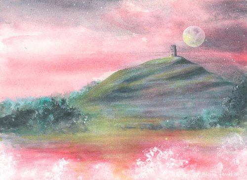 Twilight Tor - Original Watercolour Painting of Glastonbury Tor - UK Artist by Alison Fennell