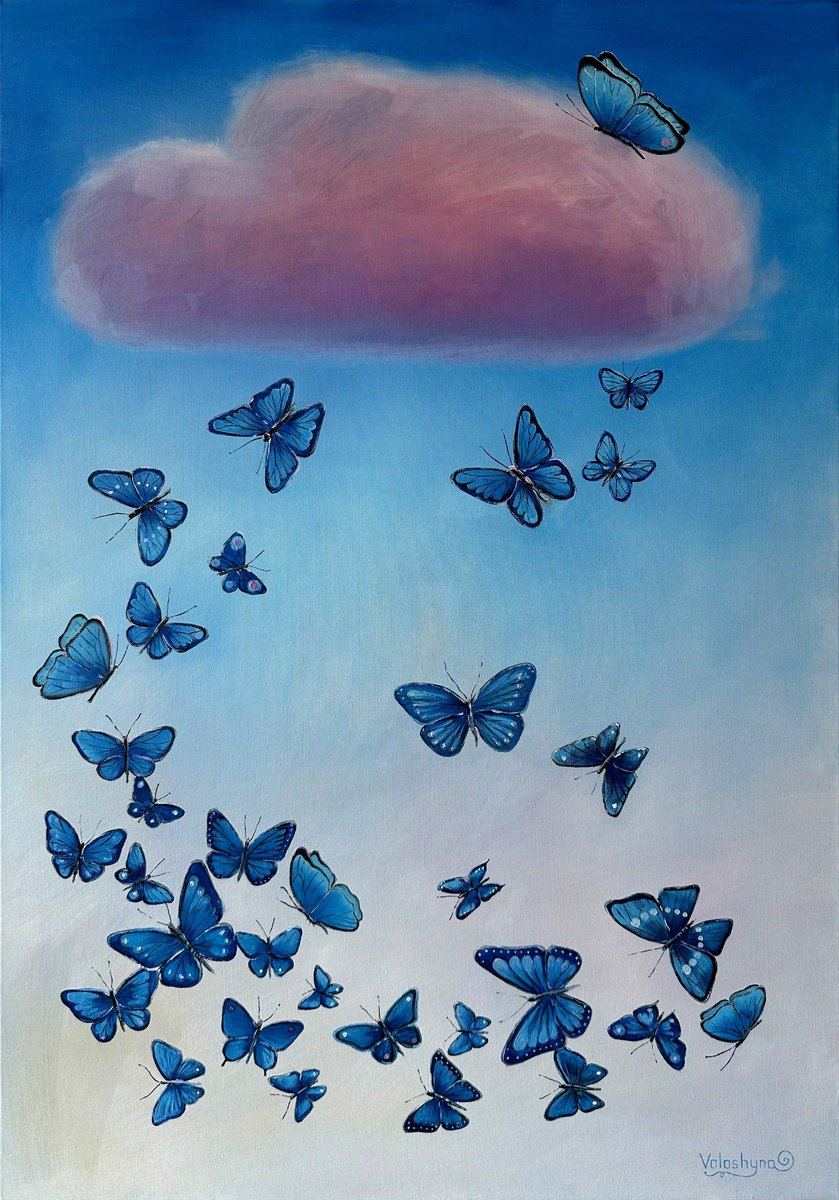 Surrealistic Animal Oil Painting By Mary Voloshyna, 28 X 39", "Butterfly Flight To The Cloud". Original Oil Painting Xxl, Artfinder