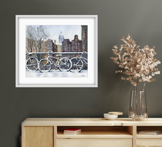 First snow in Amsterdam. Watercolor artwork.