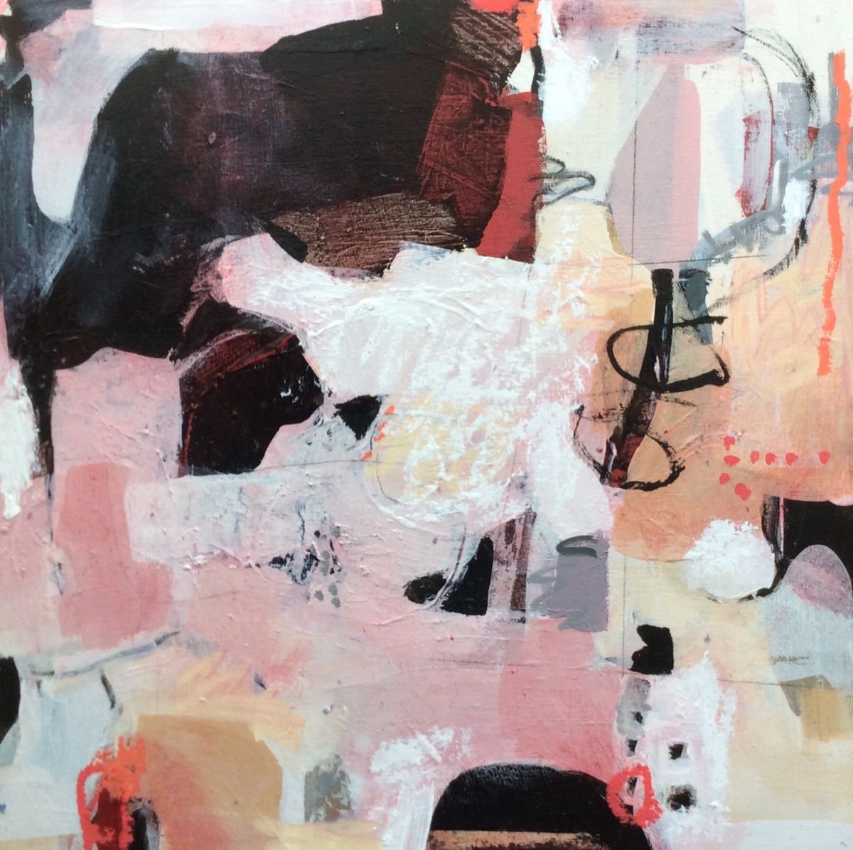 Abstract Acrylic Painting By Linda Coppens, 12 X 12", Pinks On The Go N1, Original Artwork