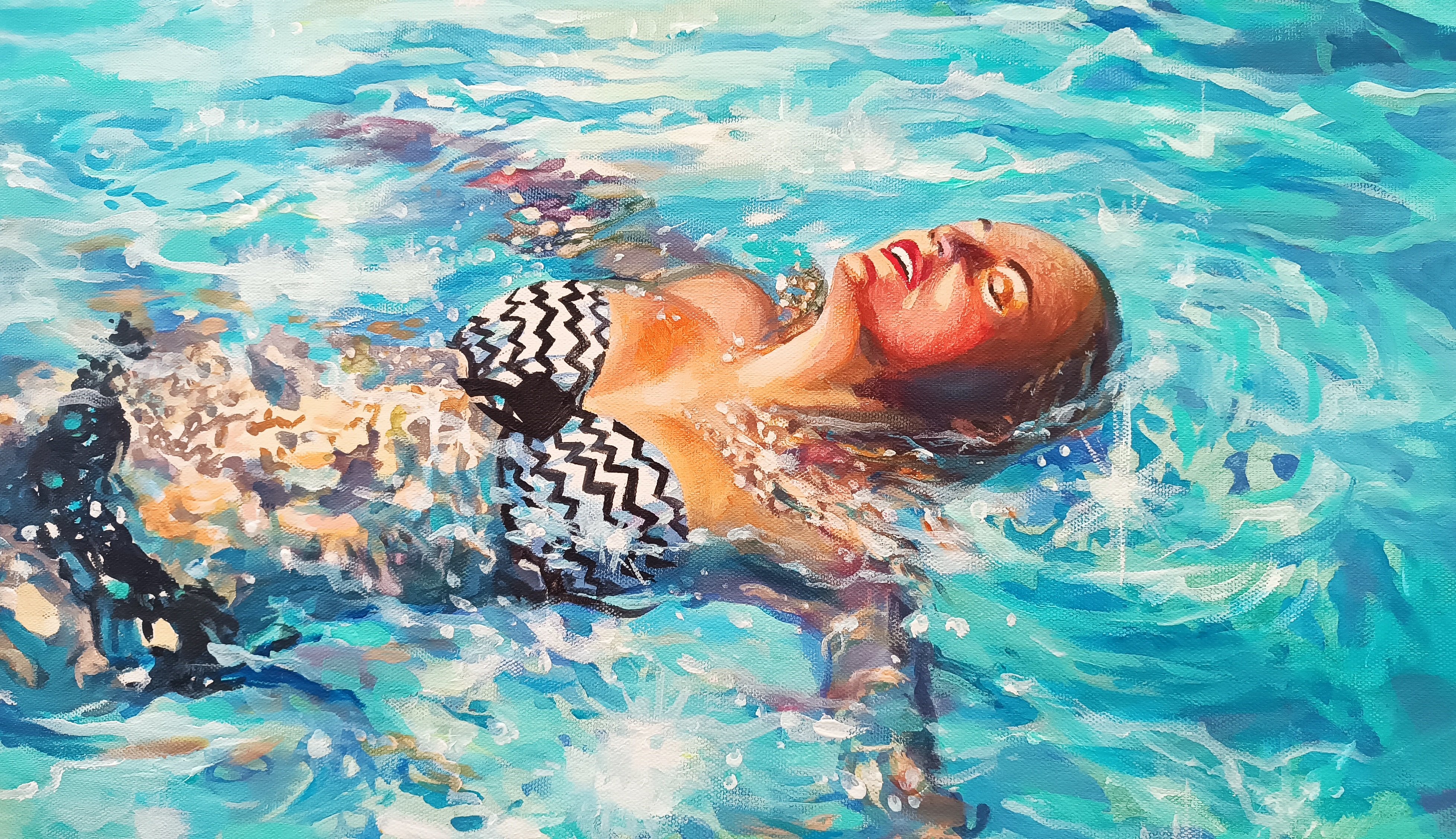 Illustrative Portrait Acrylic Painting By Olga Lomax, 39 X 31", Tranquillity. Swimmer Paining, Original Artwork