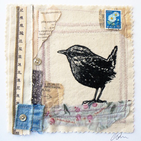 Little Jenny (Wren) textile and lino print stitched collage with buttons fabric and found papers