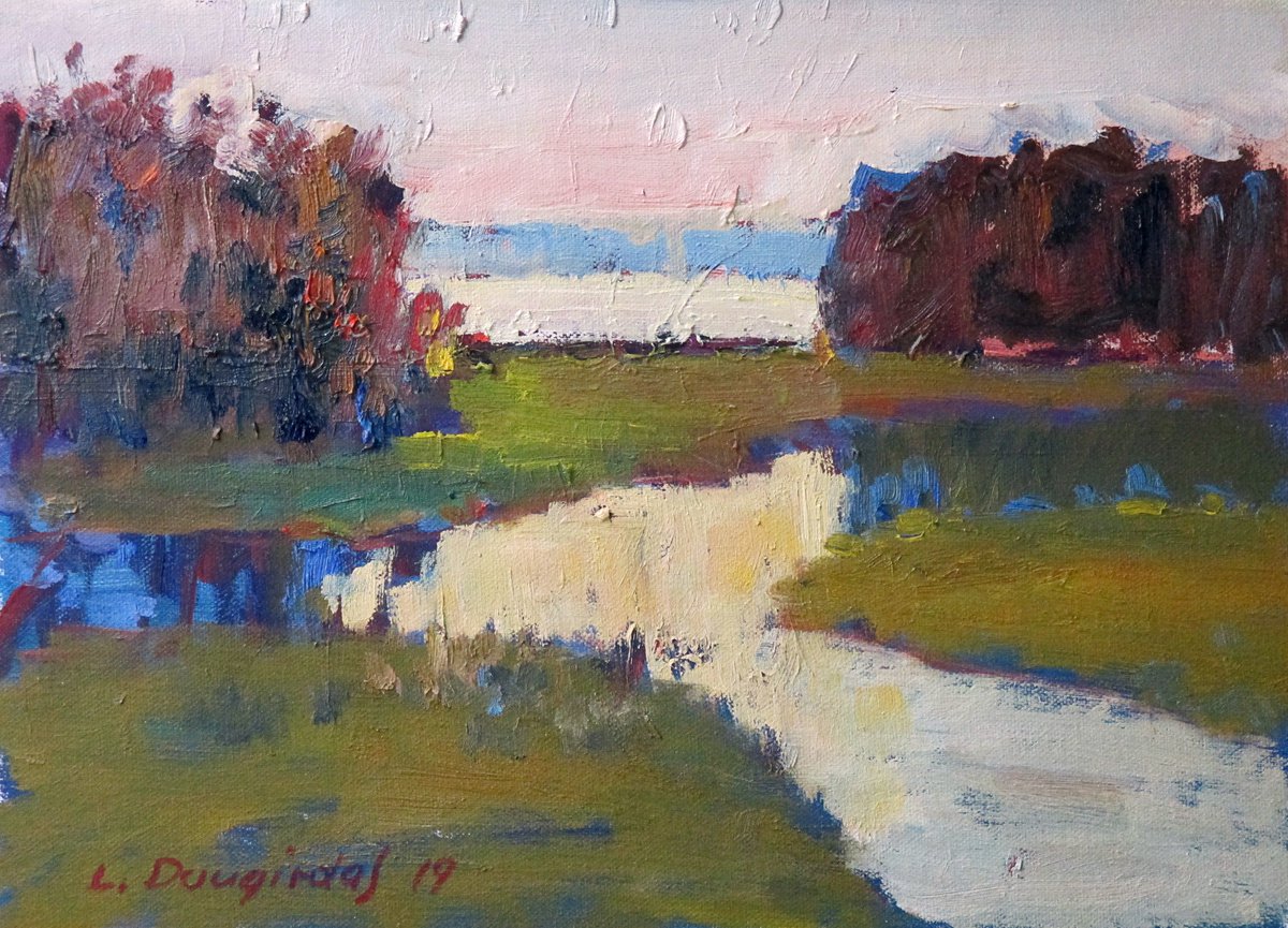 Impressionistic Landscape Oil Painting By Liudvikas Daugirdas, 16 X 11", The Summer Evening, Original Artwork