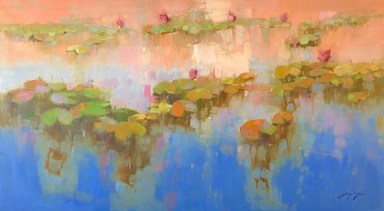 Waterlilies Pond, Original oil Painting, Large Size, Handmade artwork, One of a Kind