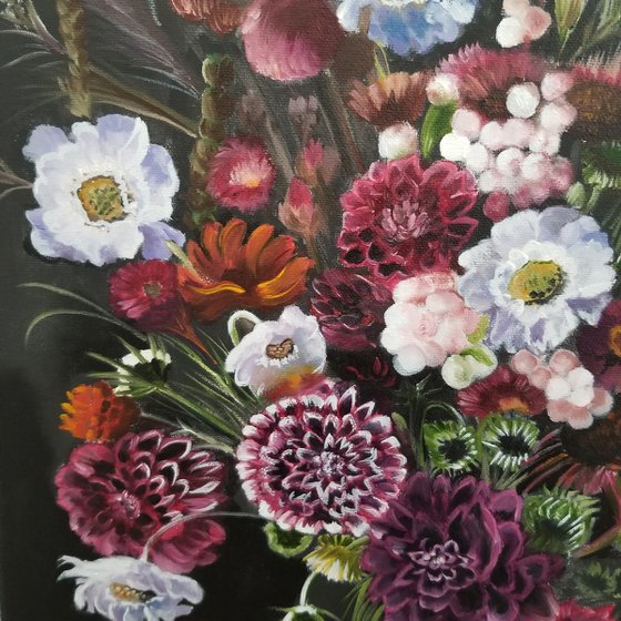 Vase with wildflowers. Original Oil Painting on Canvas. Performed in traditional technique of Old Masters from the Dutch Golden Age.