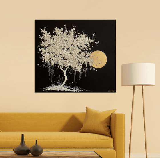 35.5” Blooming White Tree / Large Mixed Media Painting