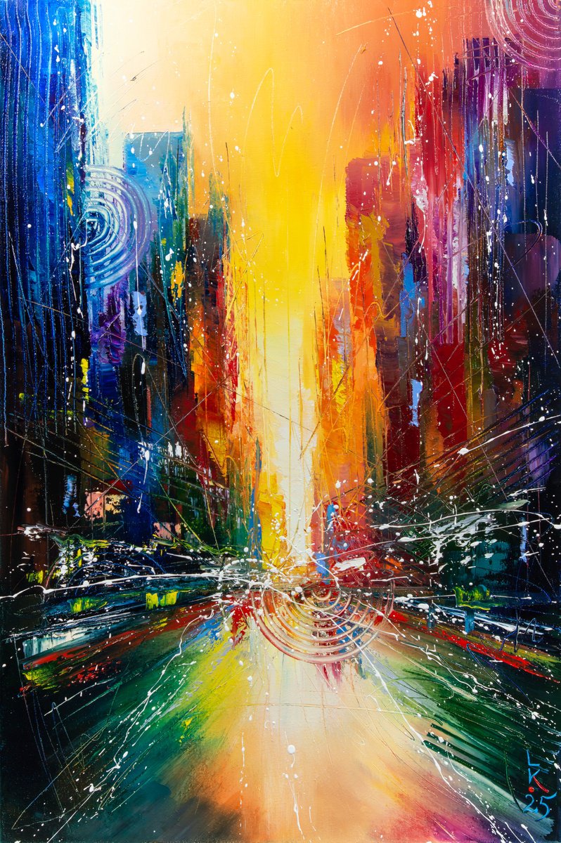 Abstract Cityscapes Oil Painting By Liubov Kuptsova, 16 X 24", Urban Awakening, Original Artwork