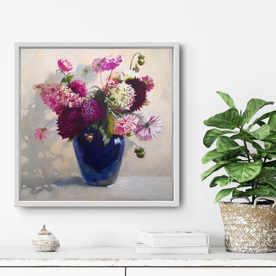 Flowers Bouquet in a blue glass vase still life