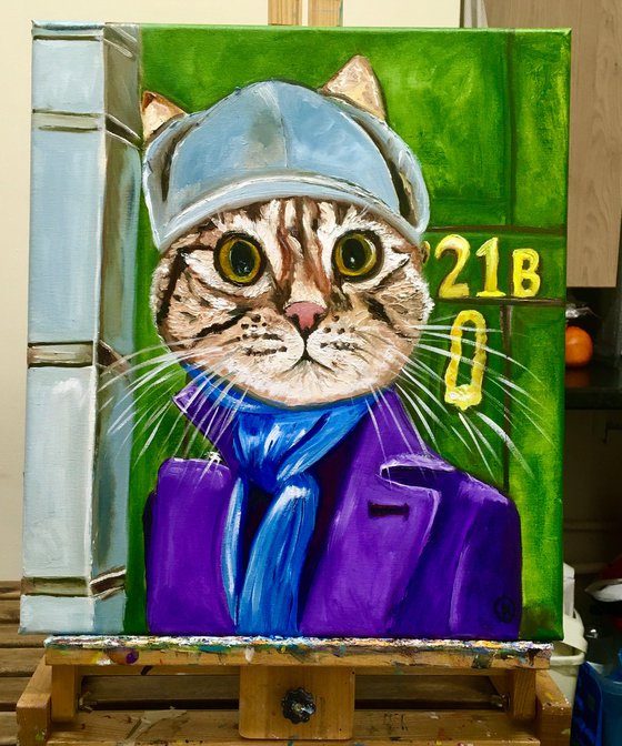 Troy The  Cat- Sherlock Holmes  Baker  Street 221 B   oil painting for cat lovers.