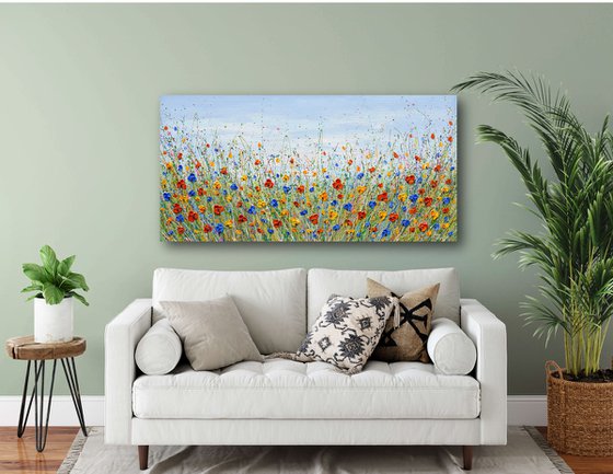 Colorful flower field - Wildflower meadow painting, palette knife art