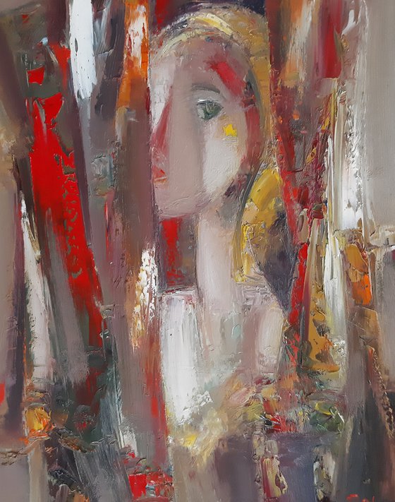 Portrait in red 40x50cm ,oil/canvas, abstract portrait