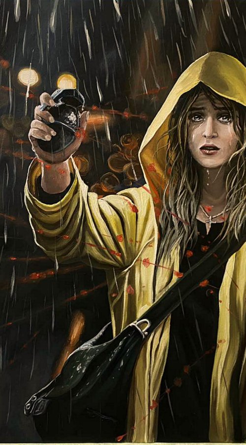 Girl in yellow raincoat holding grenade - commission work, by Elena Adele Dmitrenko