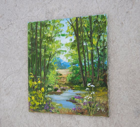 Stream in forest. Oil painting. Miniature. 6 x 6in.