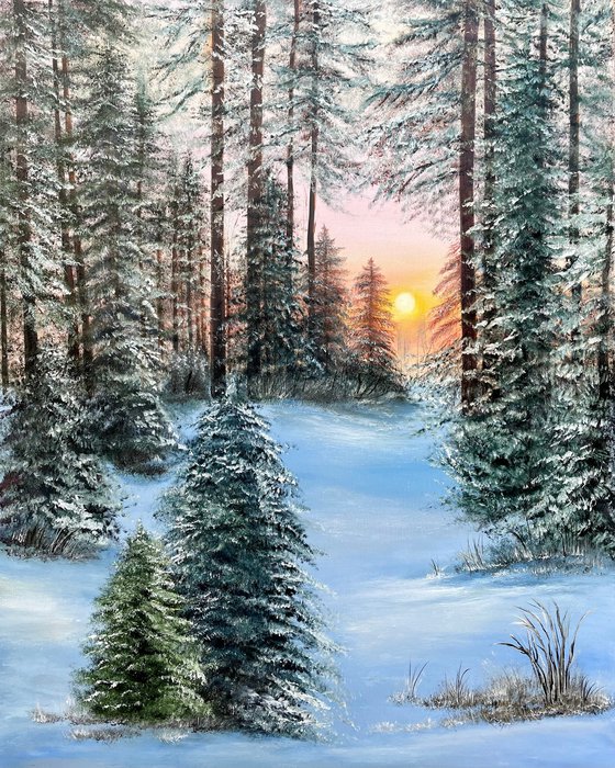 Winter orange sunset - landscape oilpainting forest