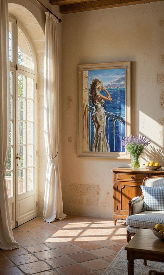 " GARDA VIEW WITH GIRL DRINKING CHAMPAGNE "